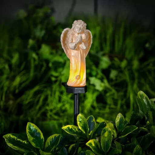 Napelemes angyal figura imadárral - 1 melegfehér LED - műgyanta - 48 x 11 x 6,5 cm