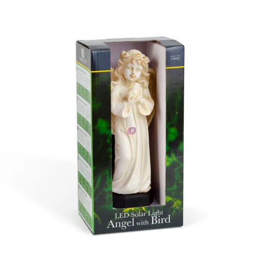 Napelemes angyal figura imadárral - 1 melegfehér LED - műgyanta - 48 x 11 x 6,5 cm