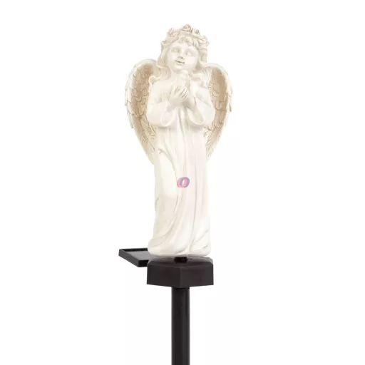 Napelemes angyal figura imadárral - 1 melegfehér LED - műgyanta - 48 x 11 x 6,5 cm