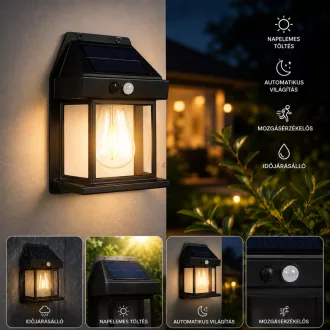   Napelemes mozgásérzékelős fali lámpa - 1 filament LED - fekete - 12 x 6 x 17 cm