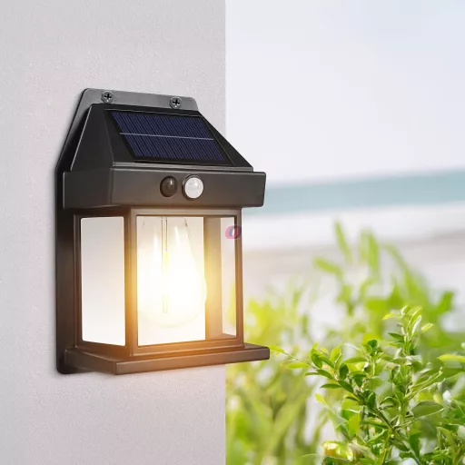 Napelemes mozgásérzékelős fali lámpa - 1 filament LED - fekete - 12 x 6 x 17 cm