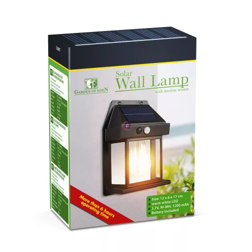 Napelemes mozgásérzékelős fali lámpa - 1 filament LED - fekete - 12 x 6 x 17 cm