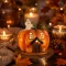 LED világítású kerámia tökház szellemmel – Halloween dekor, 13 cm