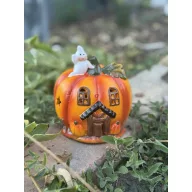   LED világítású kerámia tökház szellemmel – Halloween dekor, 13 cm