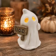 Kerámia szellem BOO táblával és LED-del, kb. 10 × 8 cm