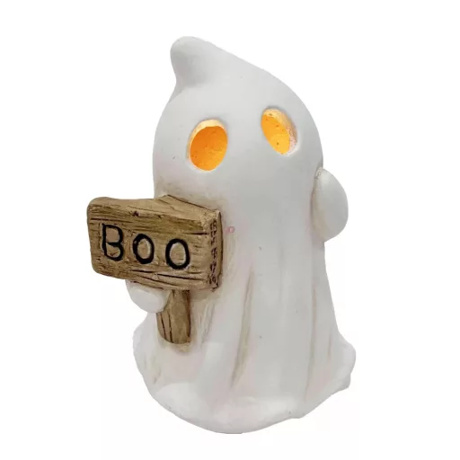 Kerámia szellem BOO táblával és LED-del, kb. 10 × 8 cm