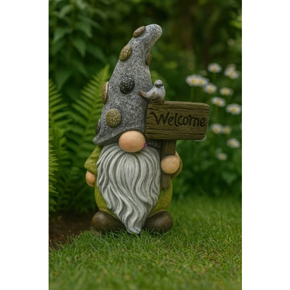 Kültéri Dekormanó „Welcome” Táblával – Kavicsmintás Sapkában - 39 cm
