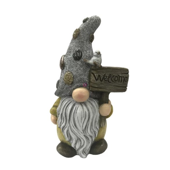 Kültéri Dekormanó „Welcome” Táblával – Kavicsmintás Sapkában - 39 cm