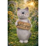 XL Kerti Kültéri macska fiigura welcome táblával 32,8 cm