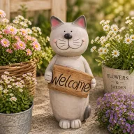XL Kerti Kültéri macska fiigura welcome táblával 32,8 cm