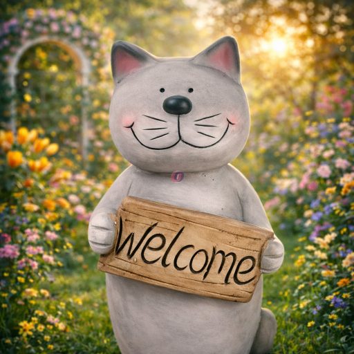 XL Kerti Kültéri macska fiigura welcome táblával 32,8 cm