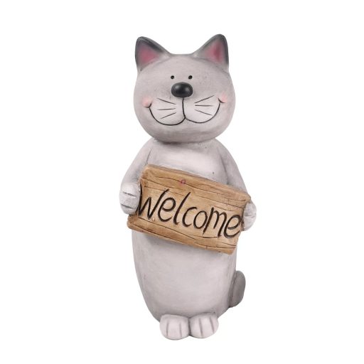 XL Kerti Kültéri macska fiigura welcome táblával 32,8 cm