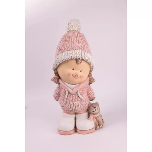 XL Kültéri gyerek figura, cicával, rózsaszín kerámia, 45 cm