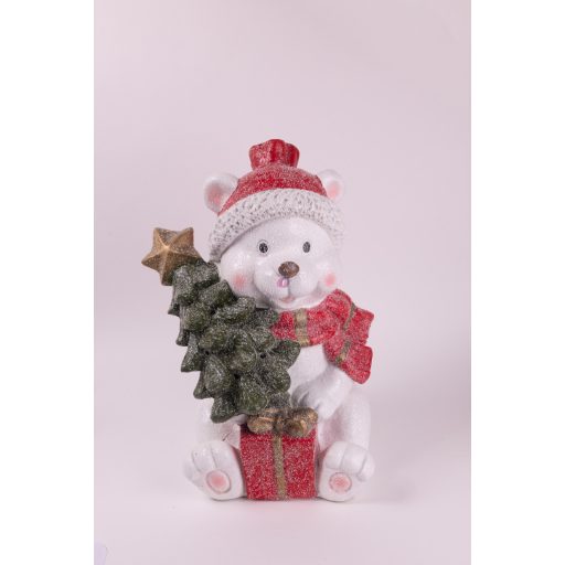 XL Kültéri jegesmedve figura, fenyővel  kerámia, 39 cm