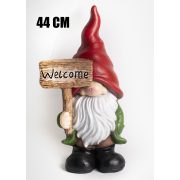   Prémium kerti manó piros sapkában, welcome táblával 44 cm polystone