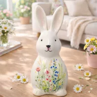 Kerámia nyúl virágos fehér 5×12,4 cm