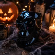   Prémium Halloweeni koponya gyertyatartó, illatolaj párologtató 12x9 cm fekete