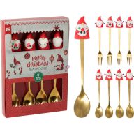   Karácsonyi süteményes készlet – 4 db arany színű evőeszköz manó mintával villa/kanál