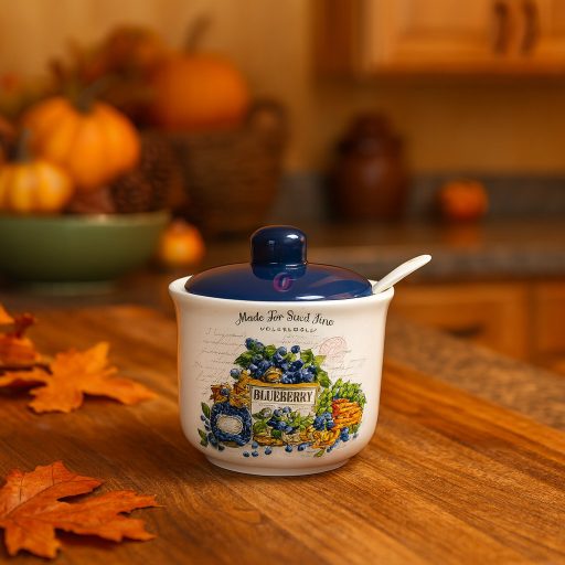 Kerámia Cukortartó Kanállal, Blueberry Felirattal, Áfonyás