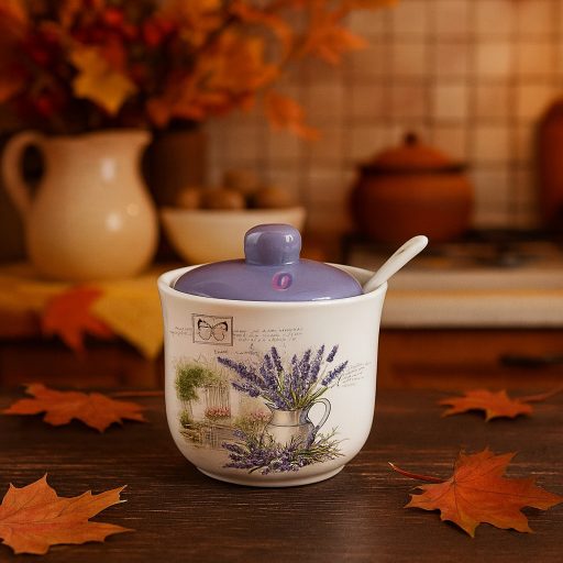 Kerámia Cukortartó Kanállal, levendulás