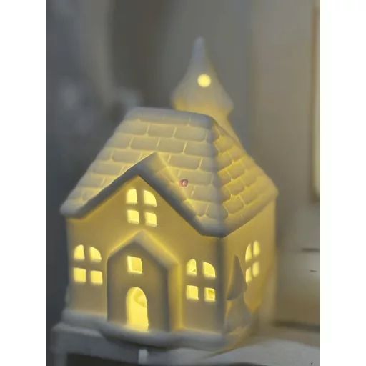 LED-es Prémium Kerámia mécsestartó fehér házikó 10,4 cm