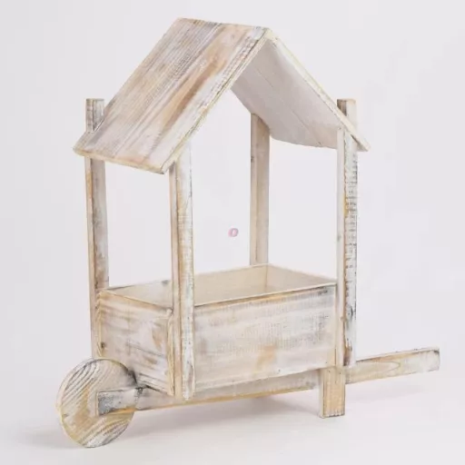 Vintage kerekes állvány virágtartó Faház, rusztikus 46x14,5x46 cm