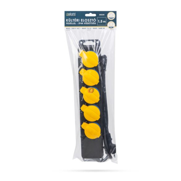 Kültéri elosztó fedéllel - 1,5 m - 5 x 230V - 3 x 1,5 mm2, gumi - IP44