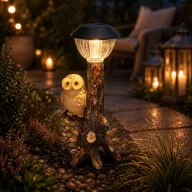   Cuki napelemes bagoly figura fatörzsön fa hatású 35 cm LED világítással