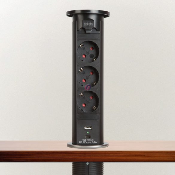 Motoros rejtett elosztó - fekete 3 x 250 V + USB-A, Type-C
