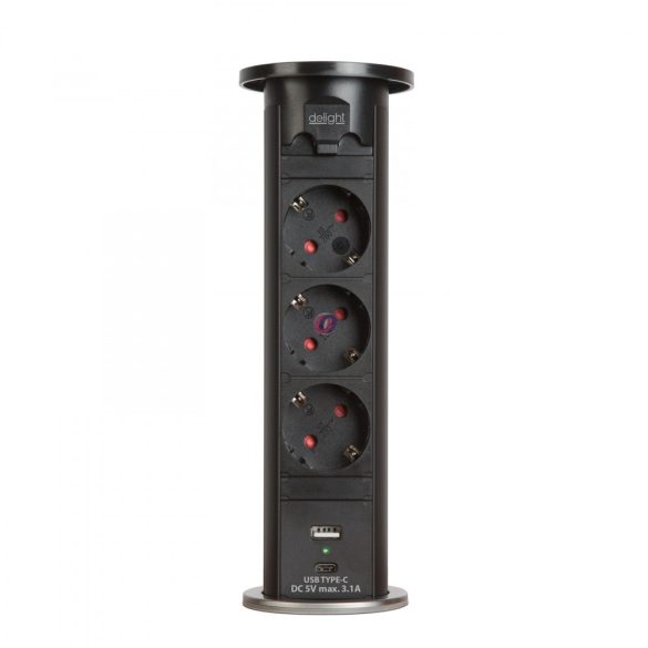 Motoros rejtett elosztó - fekete 3 x 250 V + USB-A, Type-C