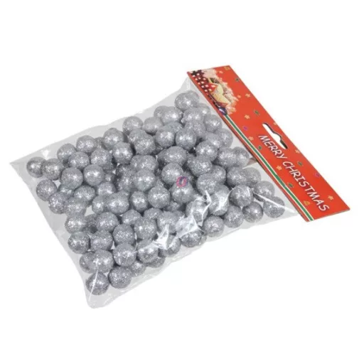 Ezüst Glitteres golyók 1,5 cm átmérő, hungarocell kb 100 db - 20 gr/csomag
