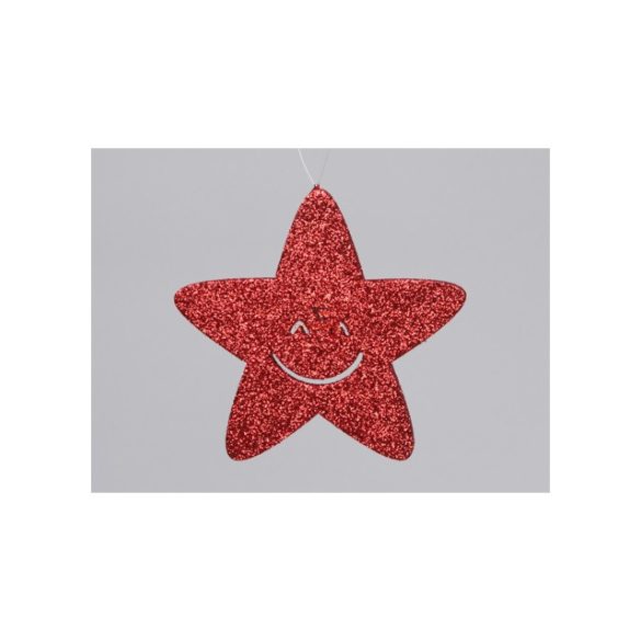 Glitteres csillag smile akasztós 12 cm piros 6 db-os glitteres karácsonyfadísz