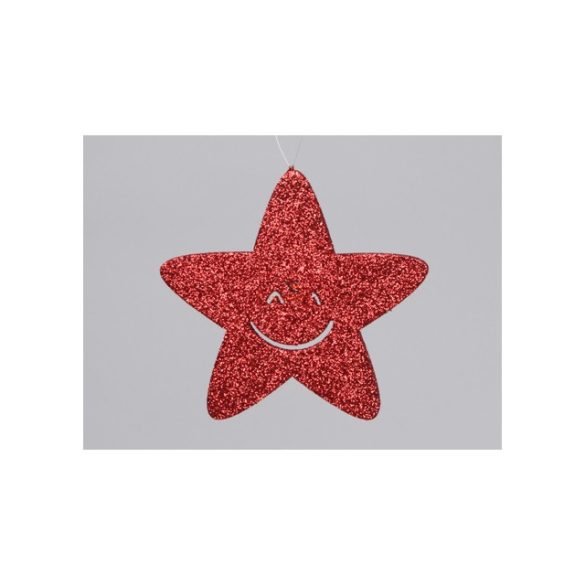 Glitteres csillag smile akasztós 15 cm piros 4 db-os glitteres karácsonyfadísz
