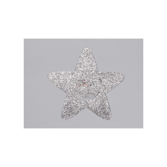 Glitteres csillag smile akasztós 15 cm ezüst 4 db-os glitteres karácsonyfadísz