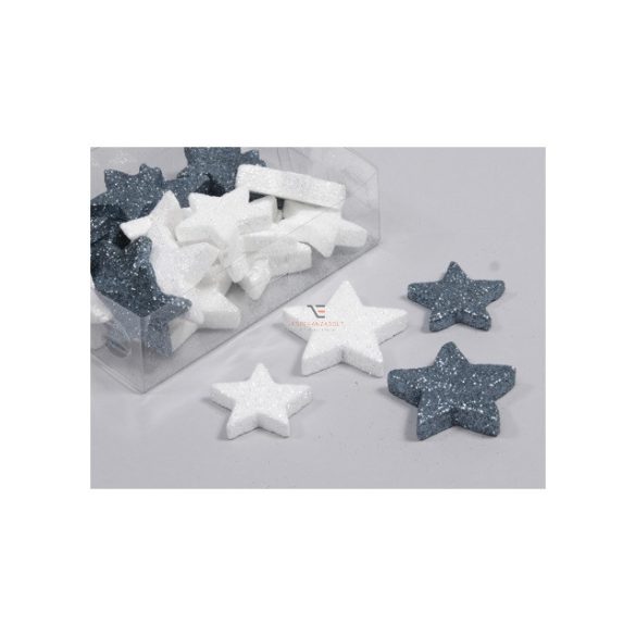 Glitteres csillag műanyag 4/5 cm kék/fehér 24 db / szett Glitteres karácsonyfadísz