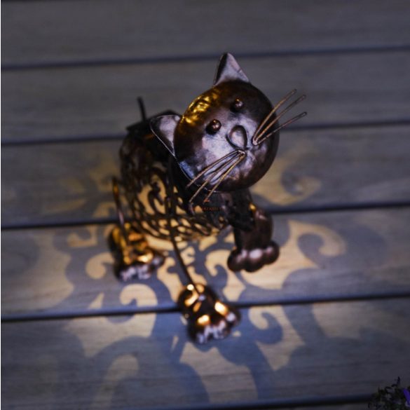 Cica kerti figura Napelemes világítással 25 cm fém