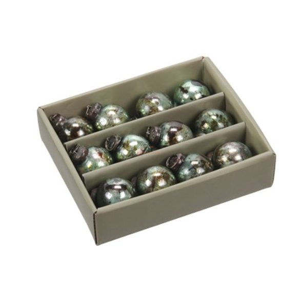 Gömb dobozban üveg 2 cm 12 db / szett zöld,barna antikolt Karácsonyfa gömb