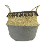 Kosár fonott rojtokkal textil 35x16x44cm natúr,szürke