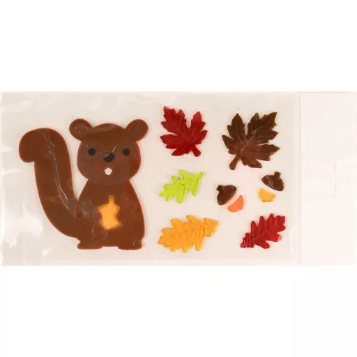Ablakzselé mókussal és falevelekkel, kb. 15 × 30 cm
