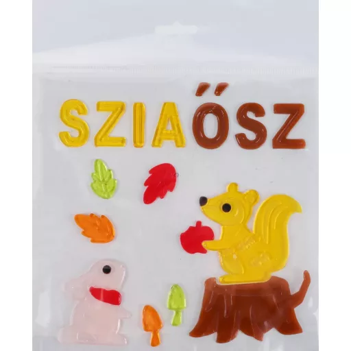 Ablakzselé „Szia ősz” felirattal és mókussal, kb. 20 × 25 cm