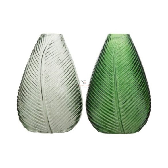 Váza levélmintás üveg 13,5x21cm v.zöld, zöld 2 féle
