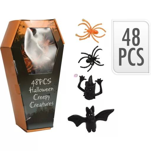 Halloween Figurák – 48 db-os Szett Szellemekkel, Csontvázakkal és Tökkel