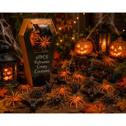Halloween Figurák – 48 db-os Szett Szellemekkel, Csontvázakkal és Tökkel