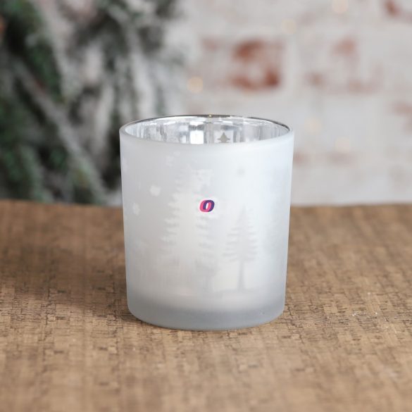 Mécsestartó karácsonyi mintás üveg 8cm fehér