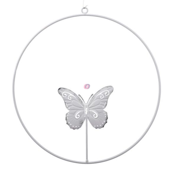 Karika pillangóval akasztós fém 30 cm fehér