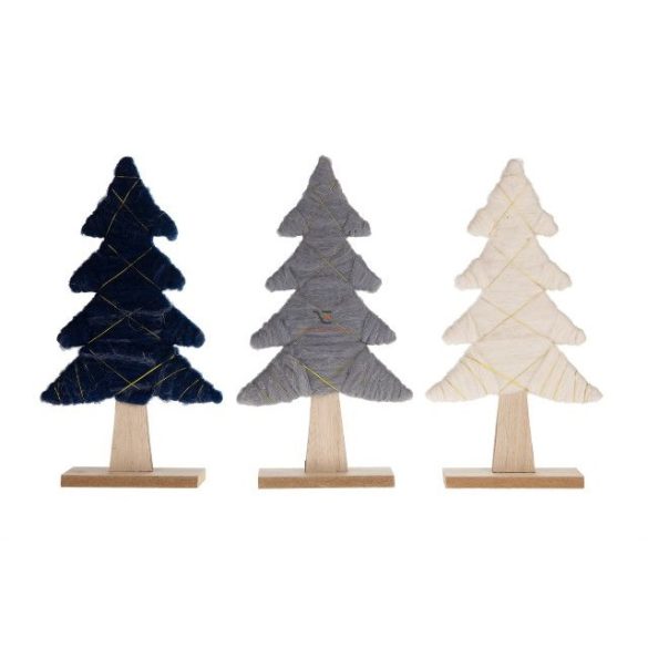 Fenyőfa talpas textil,fa 19x5x33,5 cm fehér,ezüst,fekete 3 féle karácsonyi asztaldísz