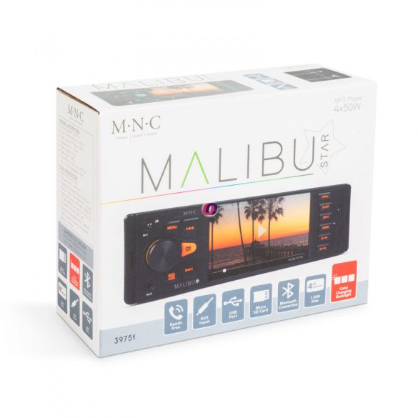MNC Multimédiás fejegység "Malibu Star" - 1 DIN - 4 x 50 W - BT - MP3 - AUX - SD - USB