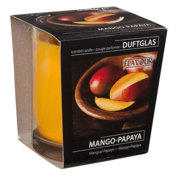 Illatgyertya üvegben 7x8cm mangó,papaya
