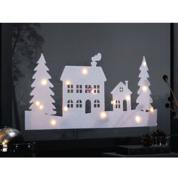 Deconline Világító ablakdísz Házak 20x60 cm melegfehér LED-es elemes
