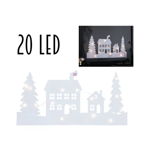 Deconline Világító ablakdísz Házak 20x60 cm melegfehér LED-es elemes